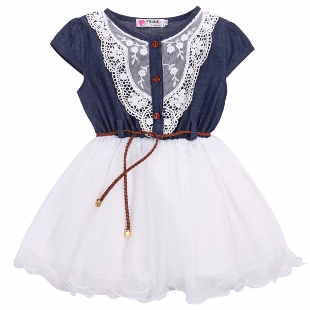 Girls Denim Lace Tulle Dress with Belt